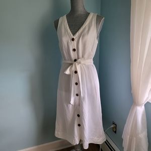 White Linen A Line Dress V neck bottoms down